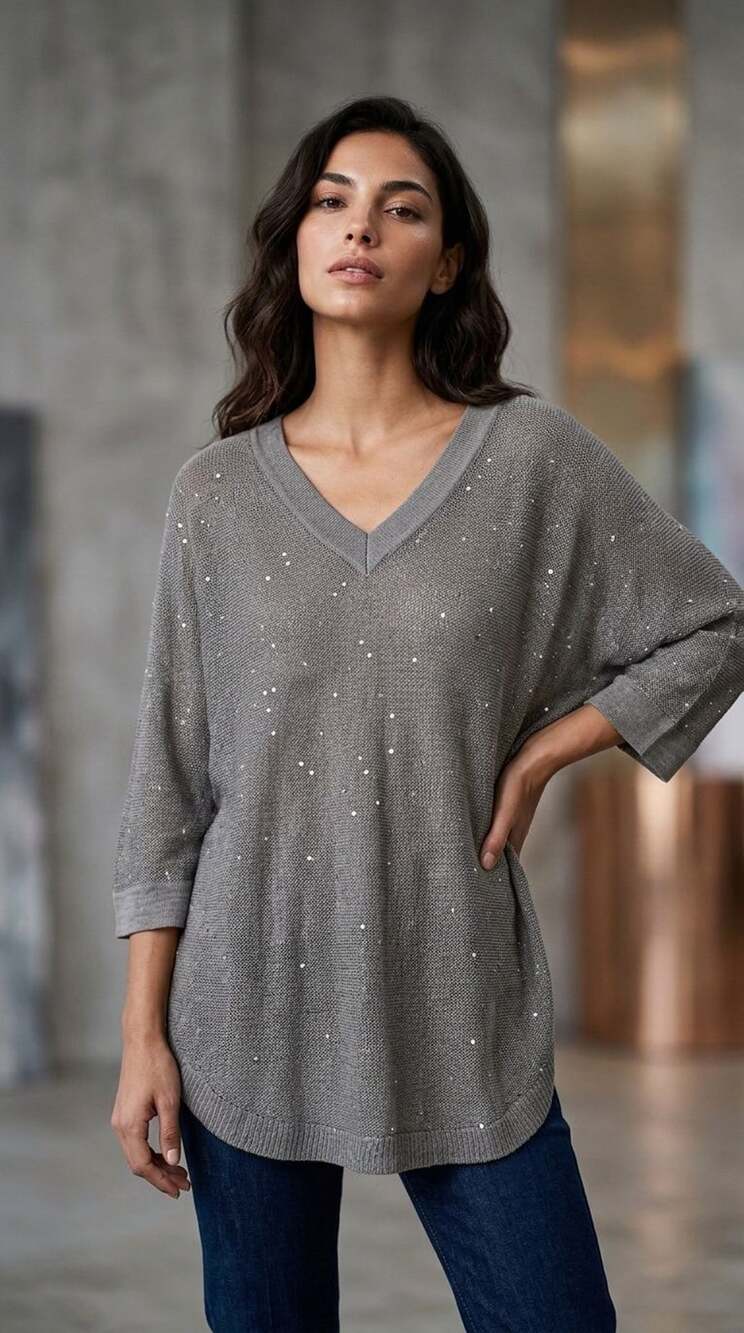 Rivamonti 100% Hemp Grey V-Neck Sequin Embellished Knit Tunic Sweater
